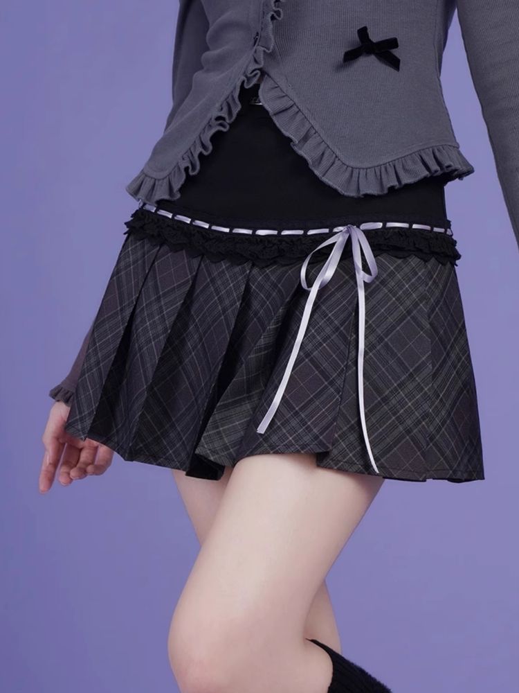 Check Ribbon Pleated Skirt