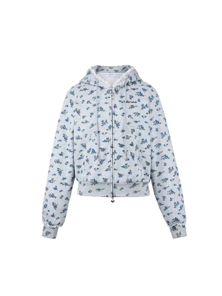 Floral Zipper Strapless Hooded Sweatshirt