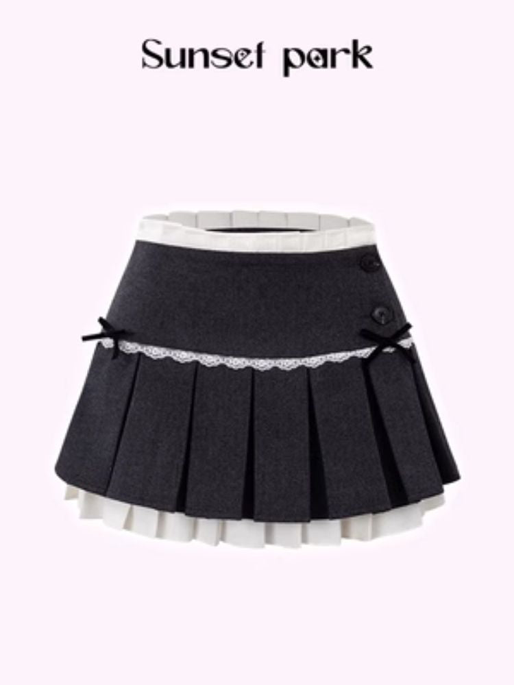 Colorblocking tweed vintage pleated skirt