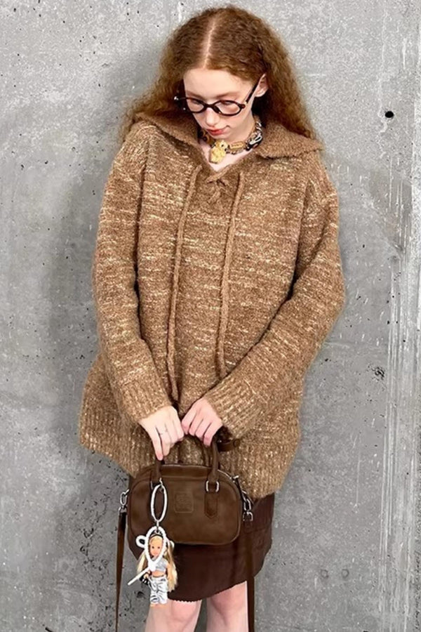 Lace-Up Collar Sweater Set-Up