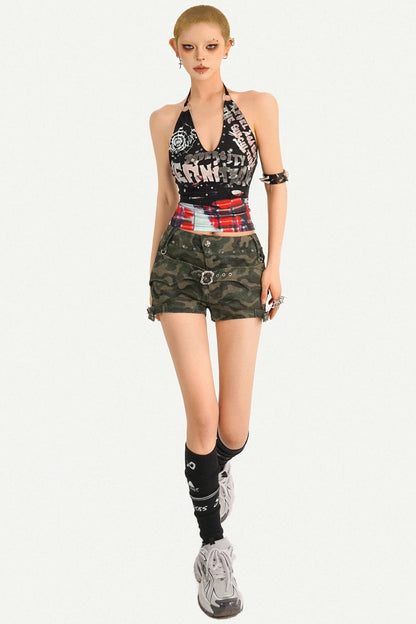Camouflage Low-Waist Denim Shorts