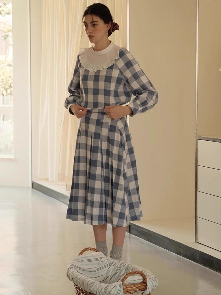 Standing Collar Check Linen Cotton Shirt/Pleated Skirt Set