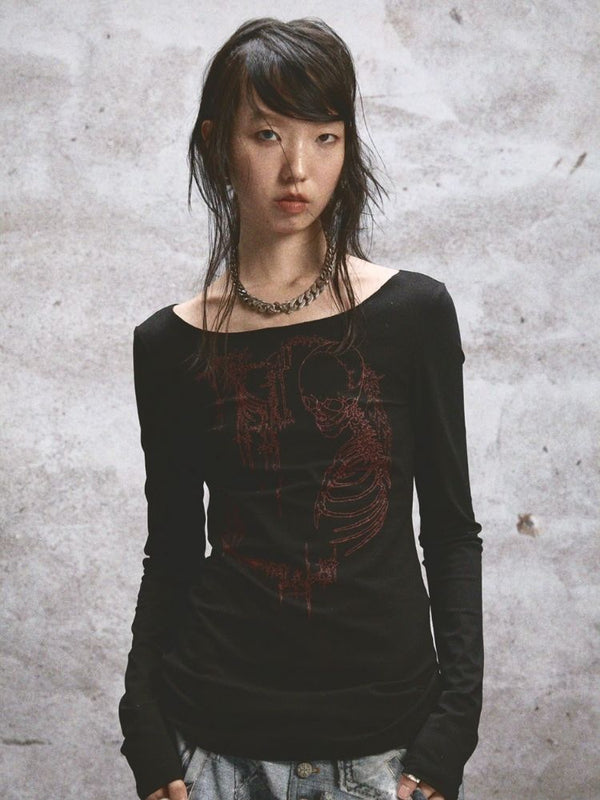 Large Neckline Printed Long Sleeve T