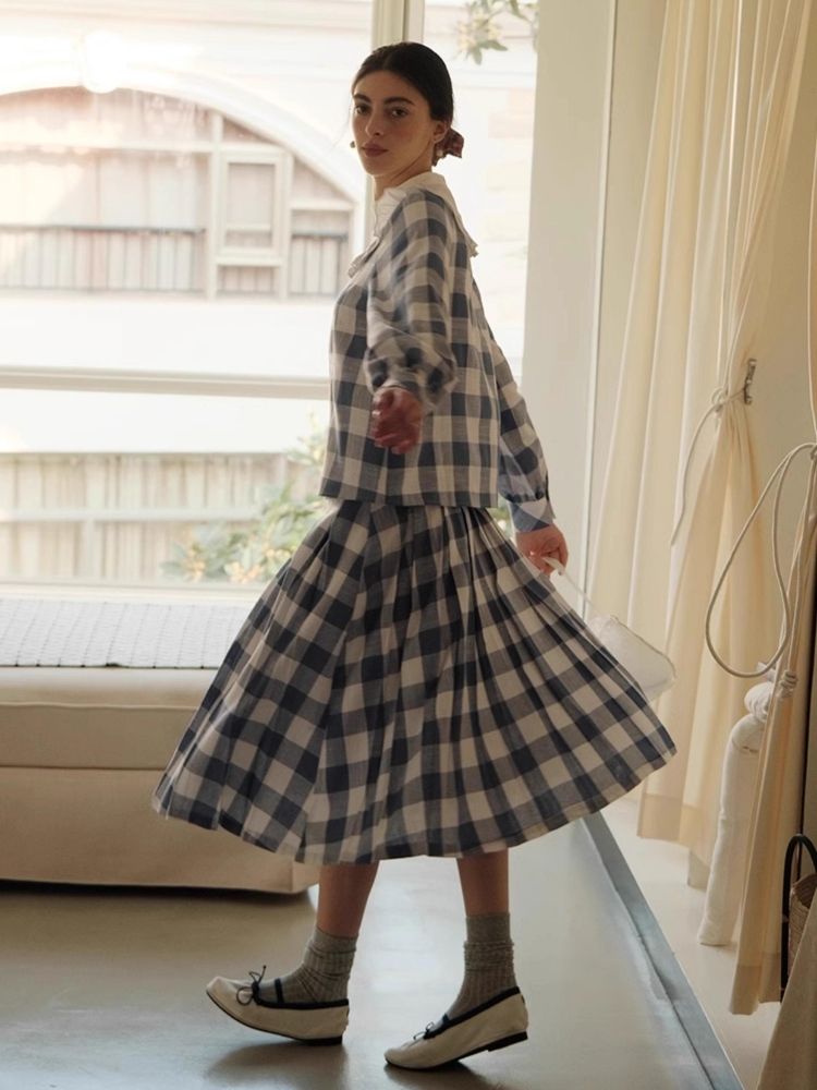 Standing Collar Check Linen Cotton Shirt/Pleated Skirt Set