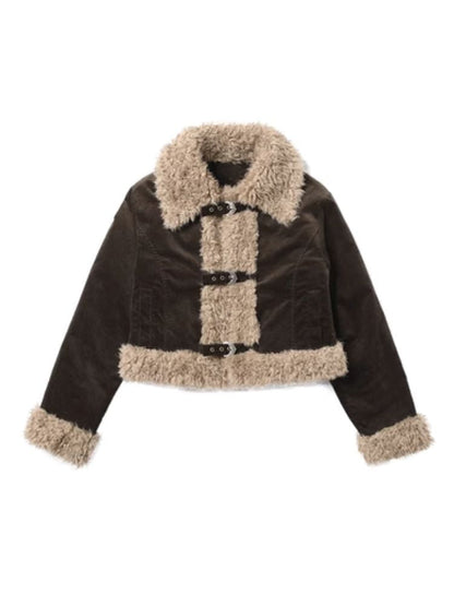 Corduroy fur patchwork jacket