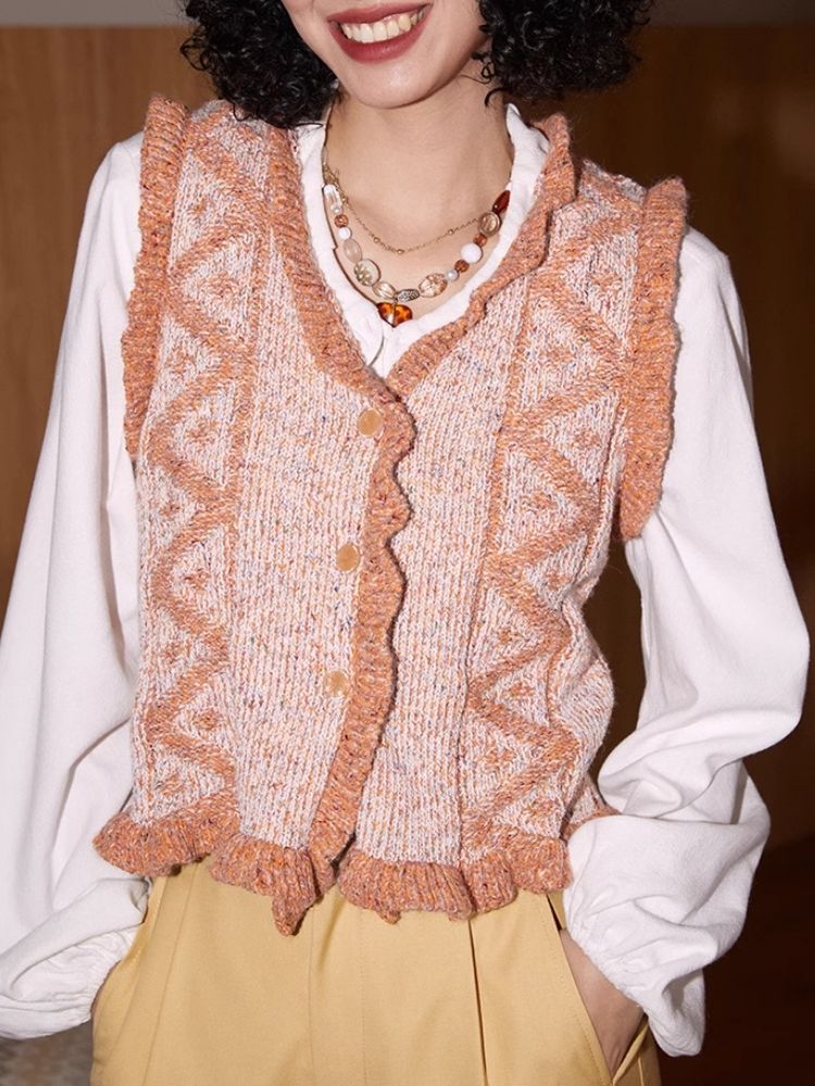 V-Neck Lace Woolen Cardigan Vest