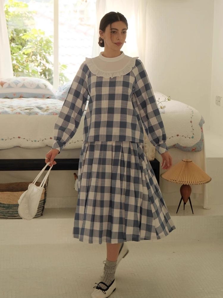 Standing Collar Check Linen Cotton Shirt/Pleated Skirt Set