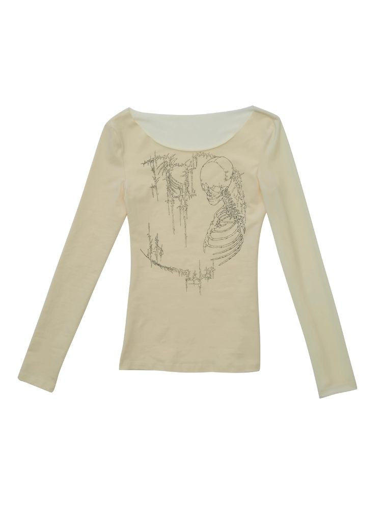 Large Neckline Printed Long Sleeve T