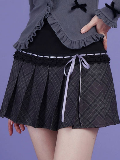 Check Ribbon Pleated Skirt