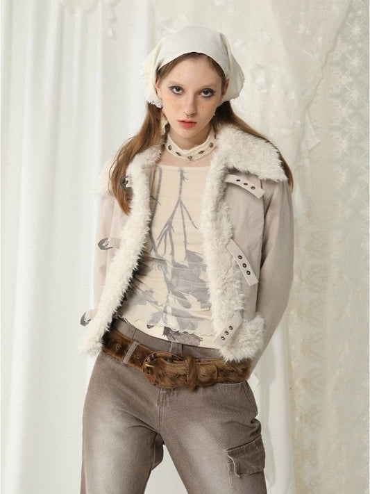 Corduroy fur patchwork jacket