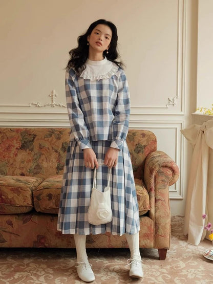 Standing Collar Check Linen Cotton Shirt/Pleated Skirt Set