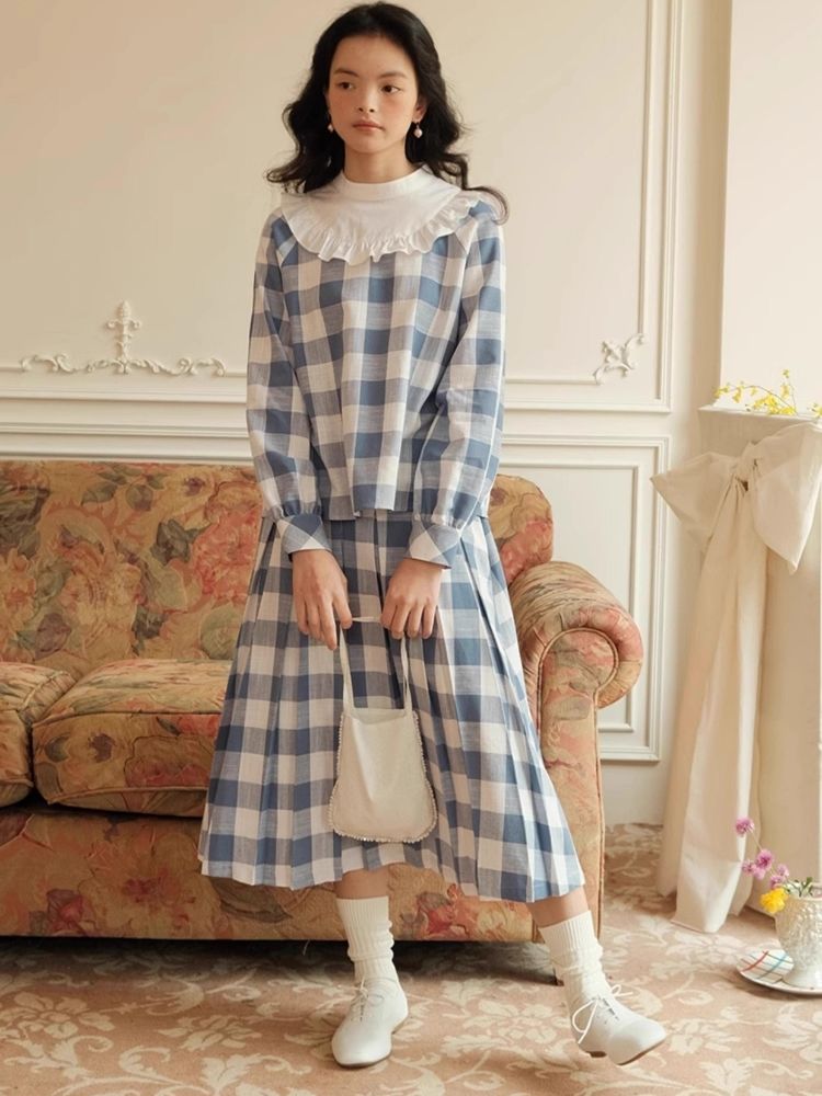 Standing Collar Check Linen Cotton Shirt/Pleated Skirt Set