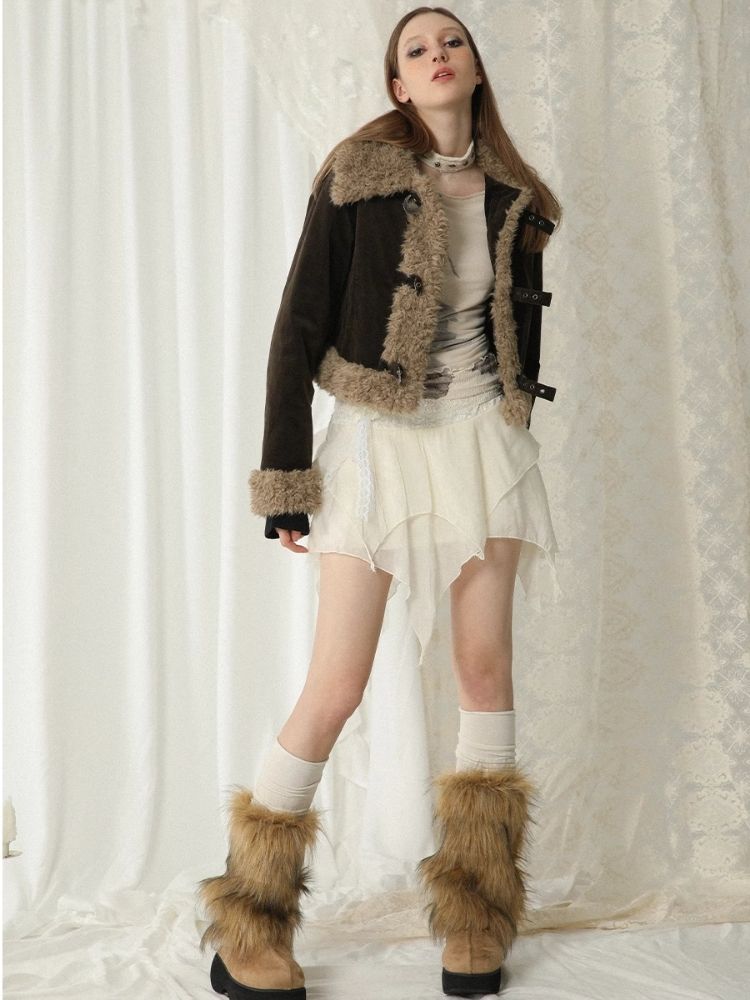 Corduroy fur patchwork jacket