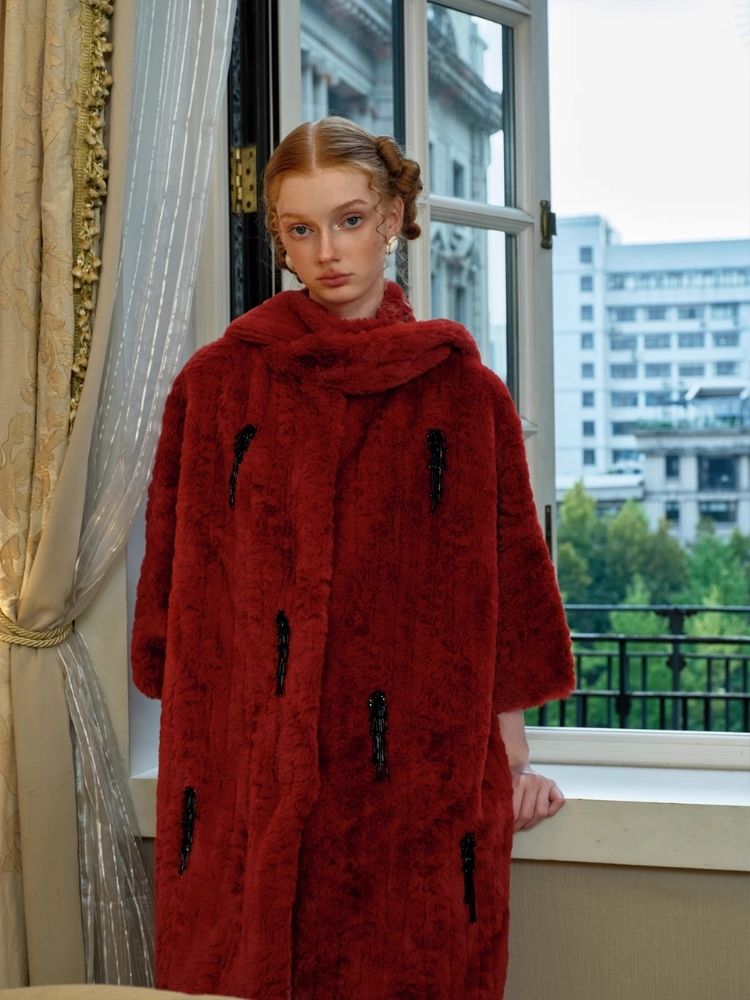 Red Faux Fur Mid-Length Coat