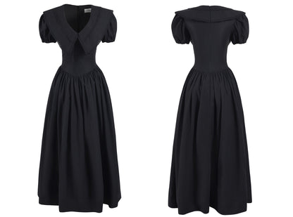 V-neck puff sleeves black dress