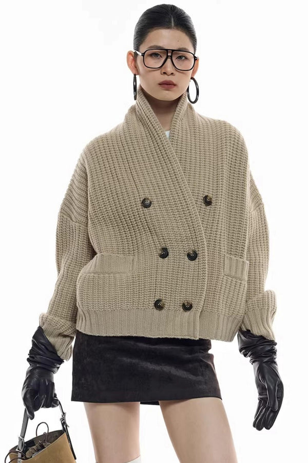 Camel Double-Breasted Knit Cardigan