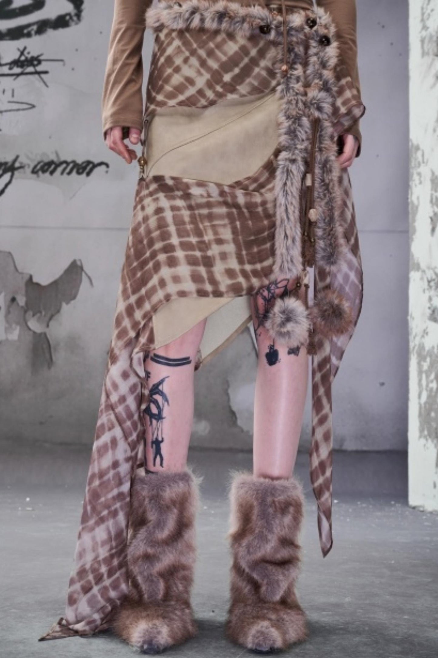 Chiffon Panel Ruffled Irregular Leather Skirt