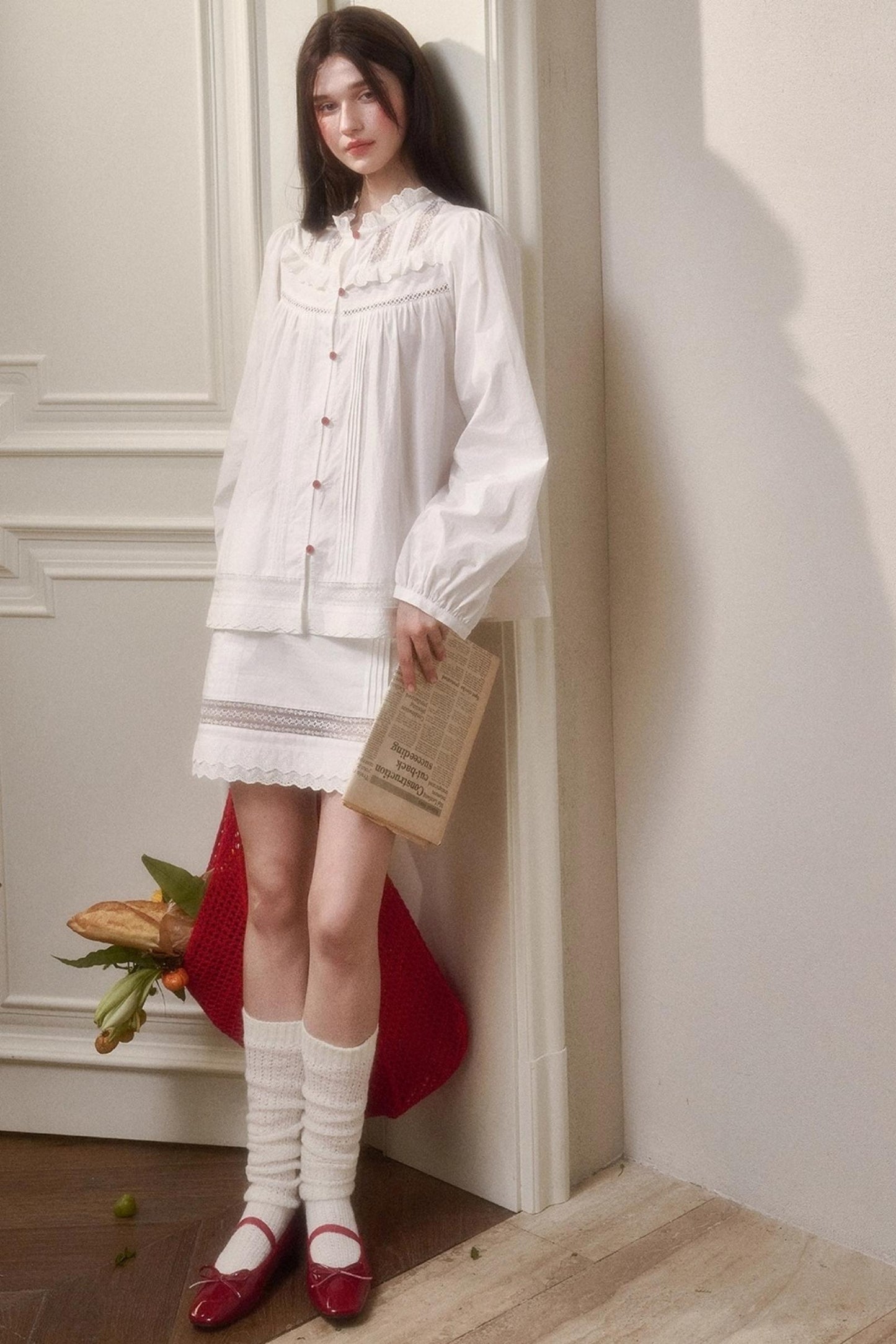 Cotton Lace Shirt With Skirt Set-Up