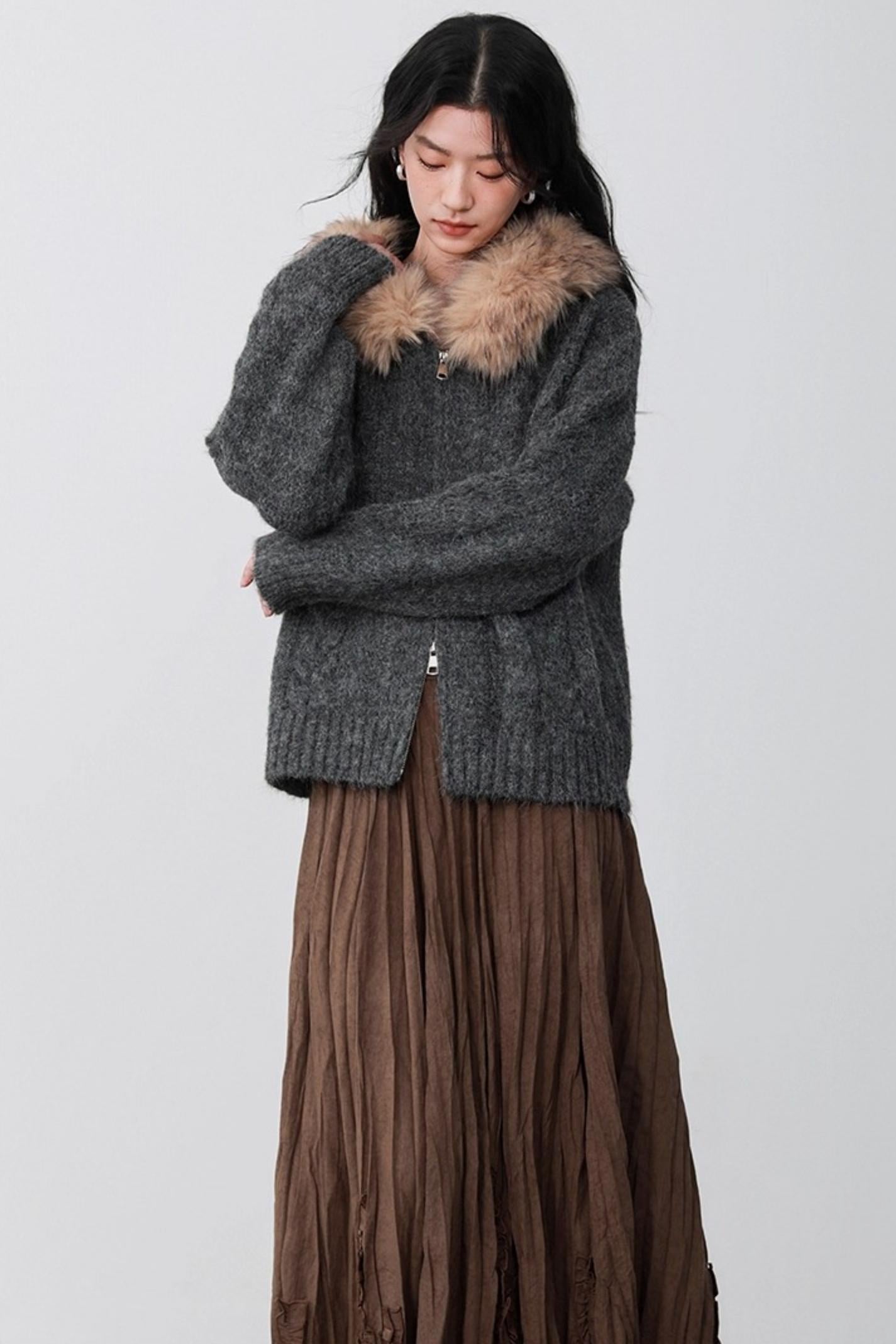 Fog Gray Fur Collar Hooded Jacket