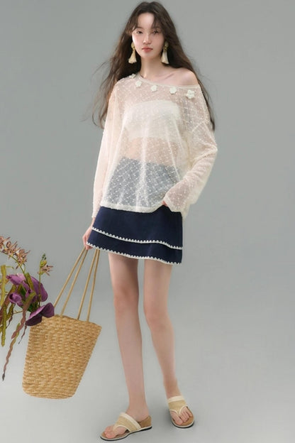 Island Tea Flower Embroidered Top & Skirt Set-Up