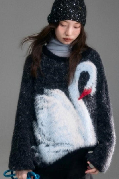 Moonlight Swan Faux Velvet Sweater