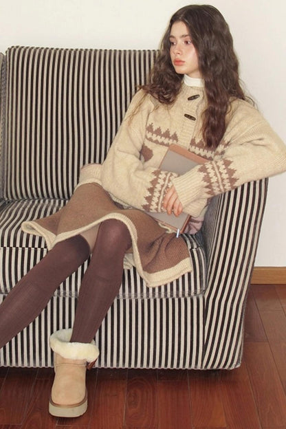 Pinecone Velvet Jacquard Sweater Skirt Set