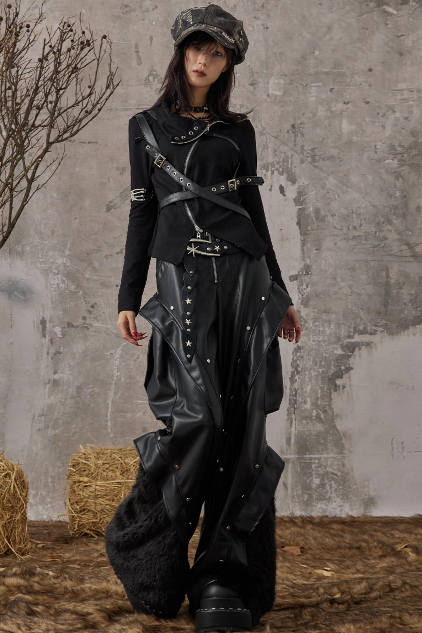 Autumn Punk Wide-Leg Leather Pants