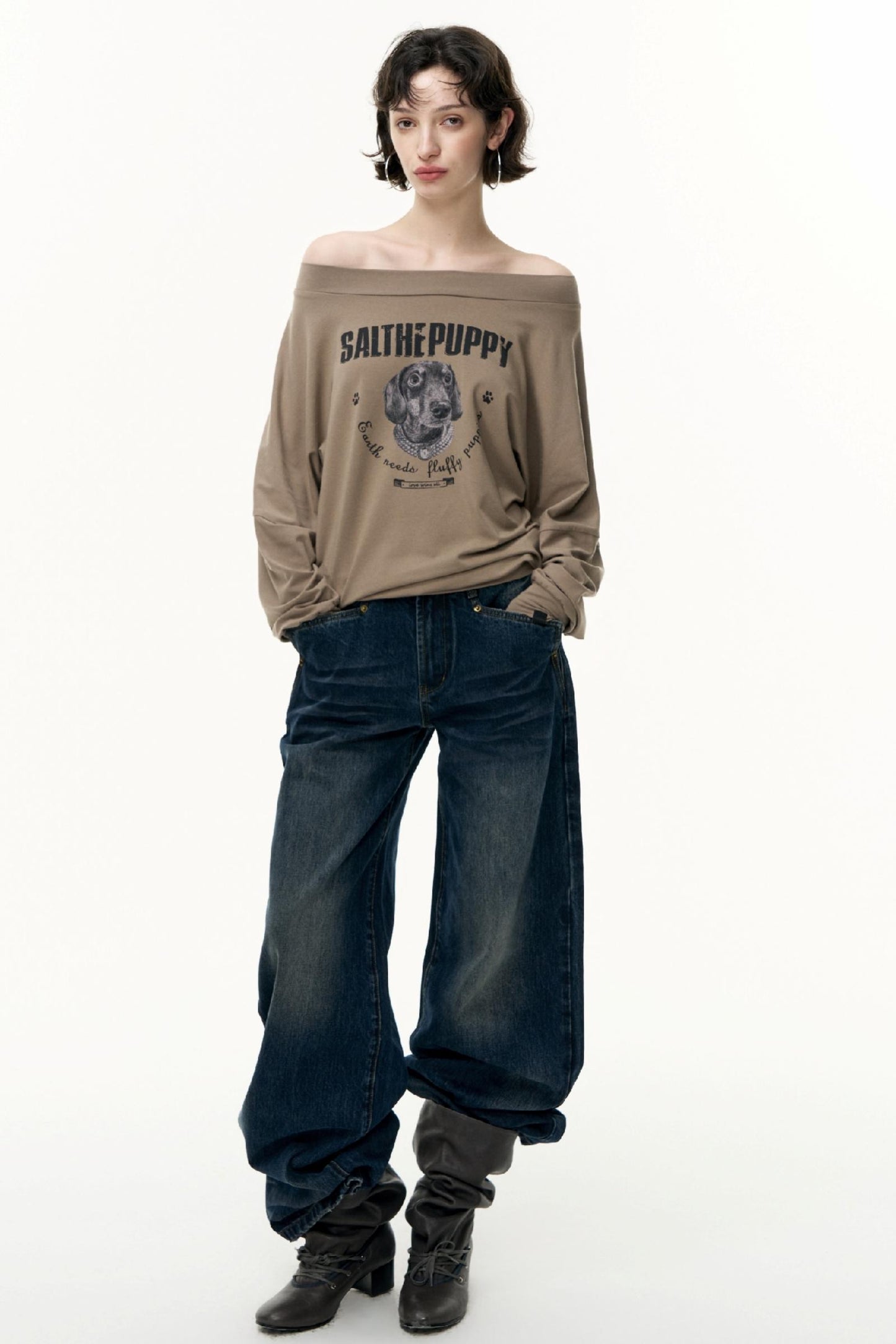 Puppy Print Slanted Shoulder T-Shirt