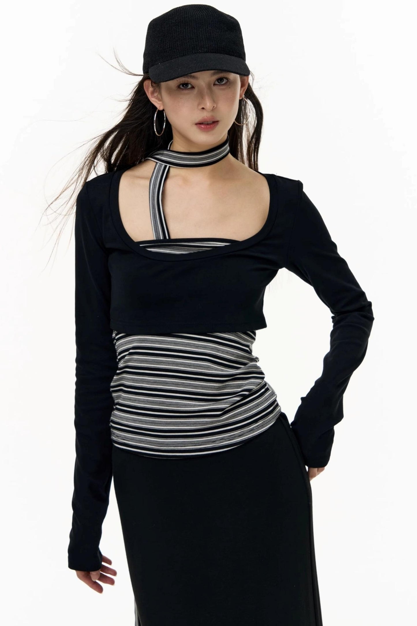 Contrast Long-Sleeved Top With Bandeau Set