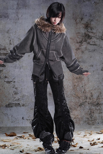 Vintage Lantern Sleeve Hooded Sweatshirt Jacket