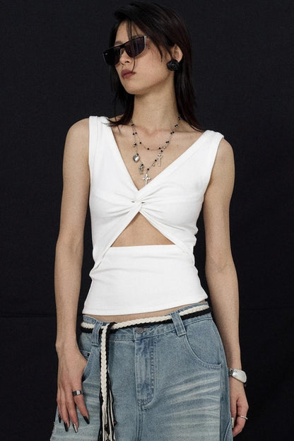 Black And White V-Neck Twisted Cut-Out Slim Vest