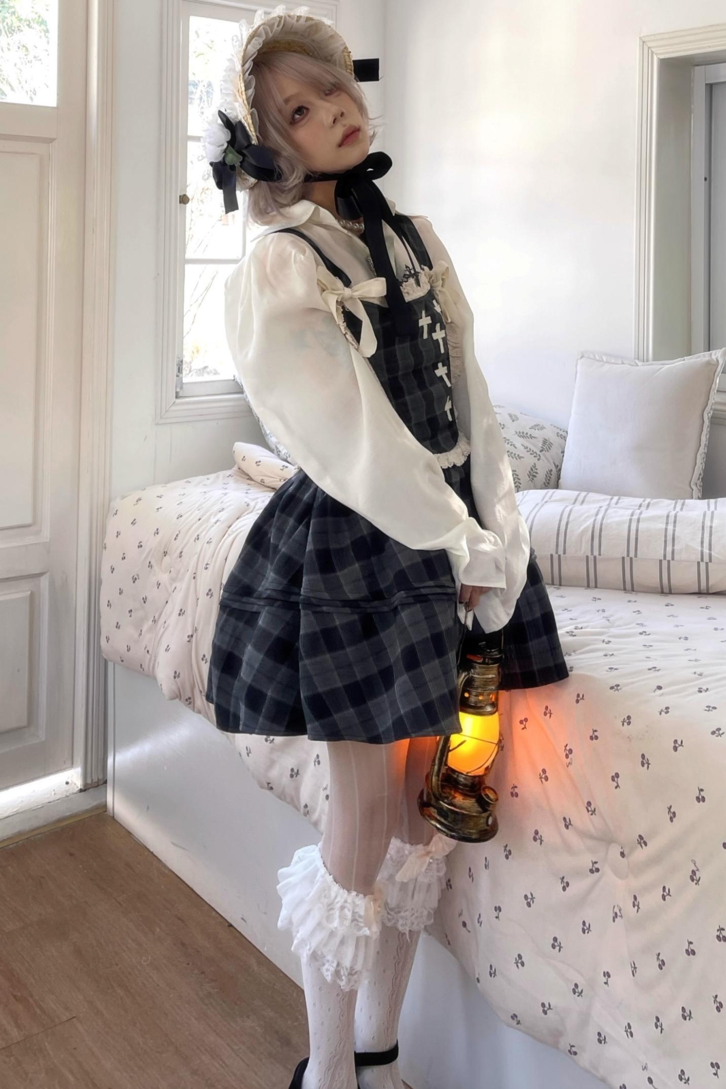 Gray Plaid Waist Cinched Herringbone Lace Bow Tie Dress Set-Up