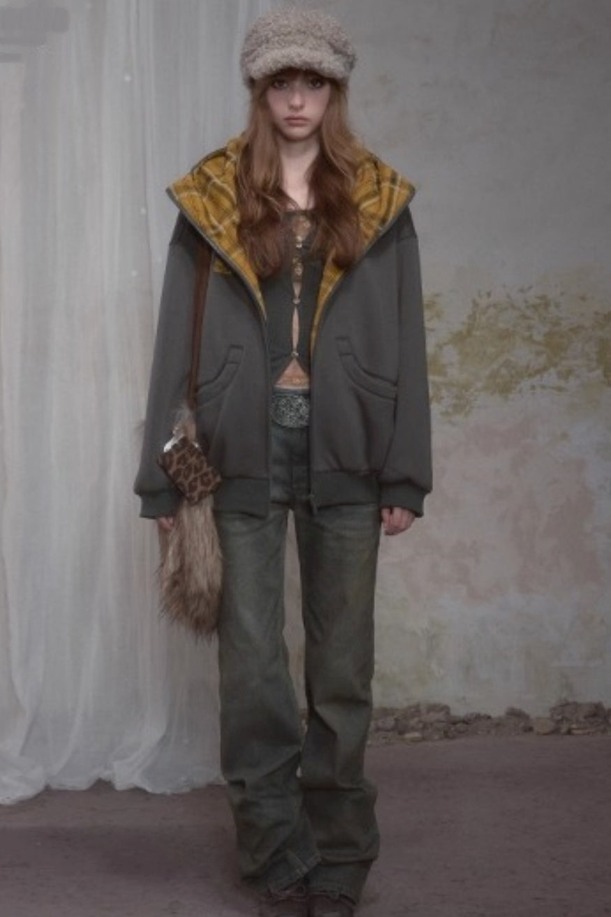 Sweet Lazy Plaid Sweatshirt Jacket