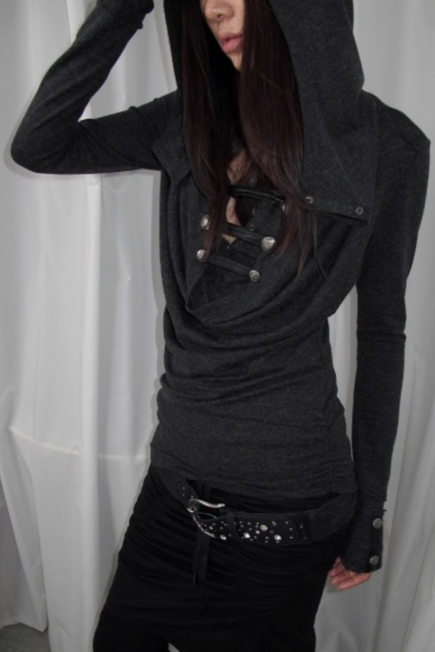 Hooded Metal Buckle Knit Top