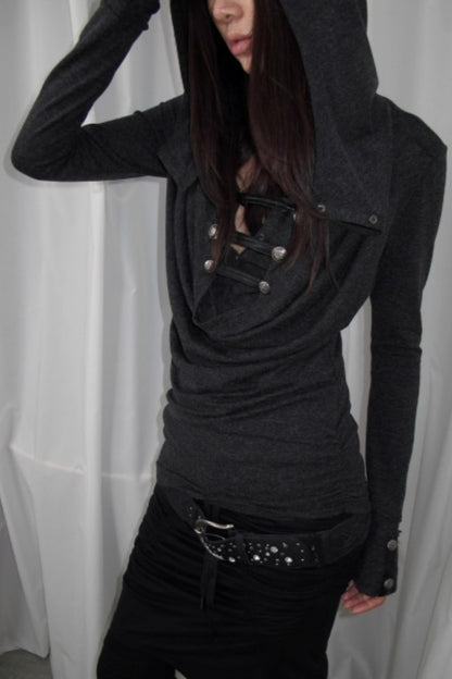 Hooded Metal Buckle Knit Top