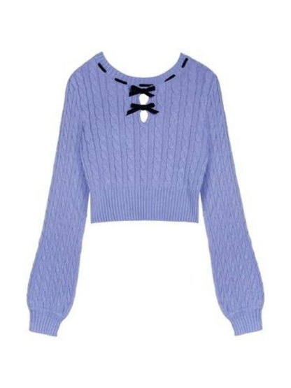 Blue-purple bow twist short sweater