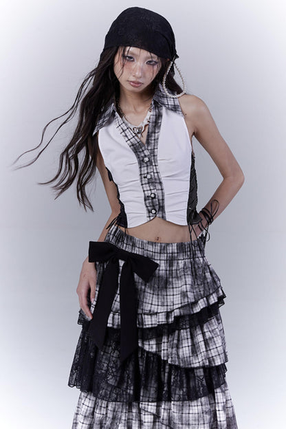 Plaid Splice Sleeveless Top