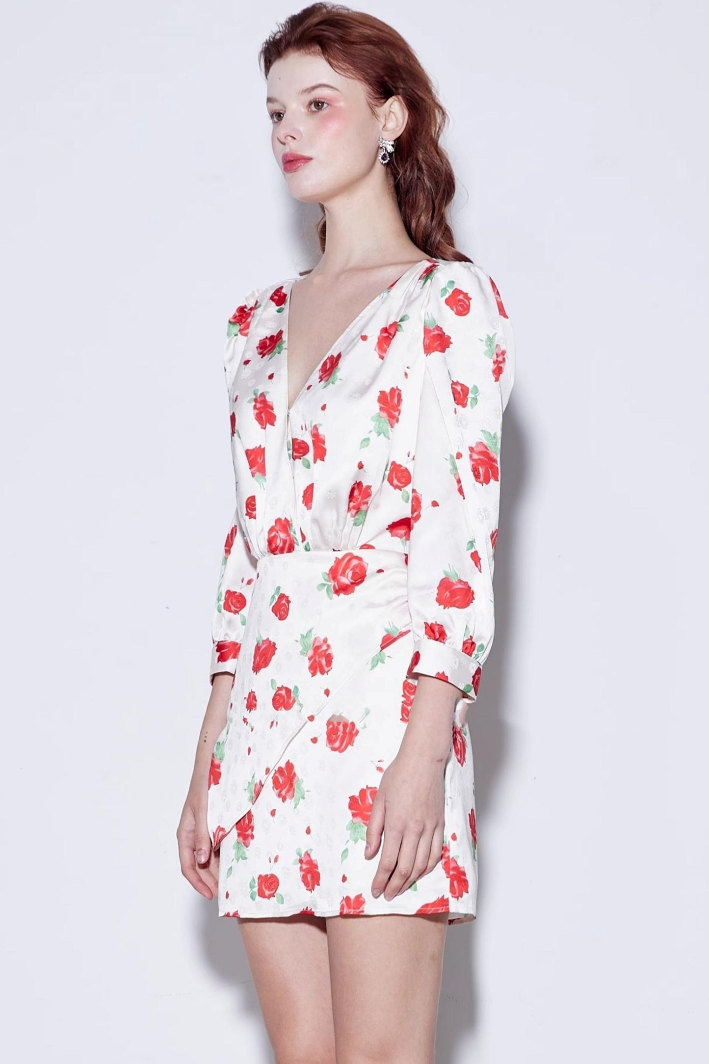 Satin Rose Jacquard V-Neck Dress