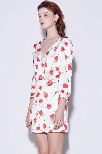 Satin Rose Jacquard V-Neck Dress