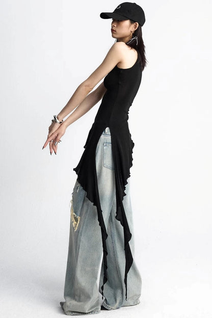 Black Ruffle Streamer Vest