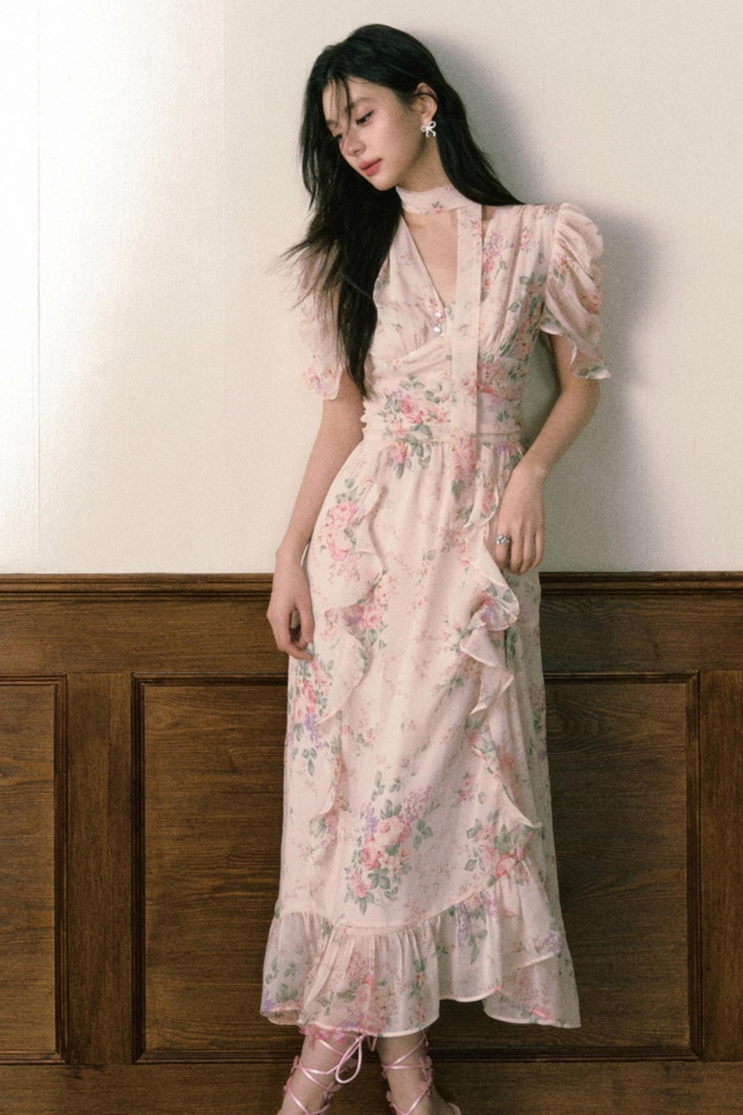 Pink Chiffon V-Neck Summer Dress