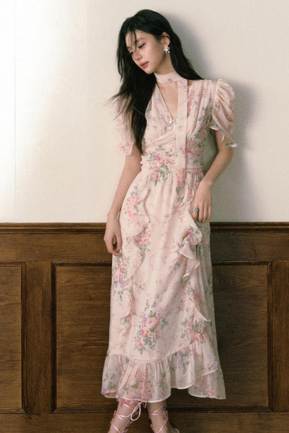 Pink Chiffon V-Neck Summer Dress