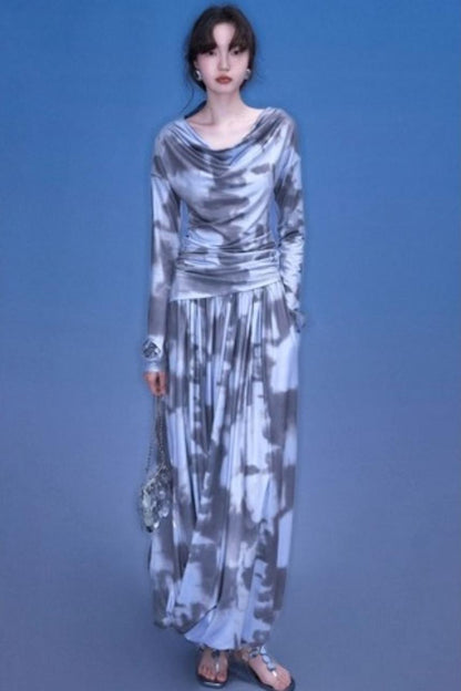 Poetic Swing Collar Print T-Shirt & Skirt Set-Up