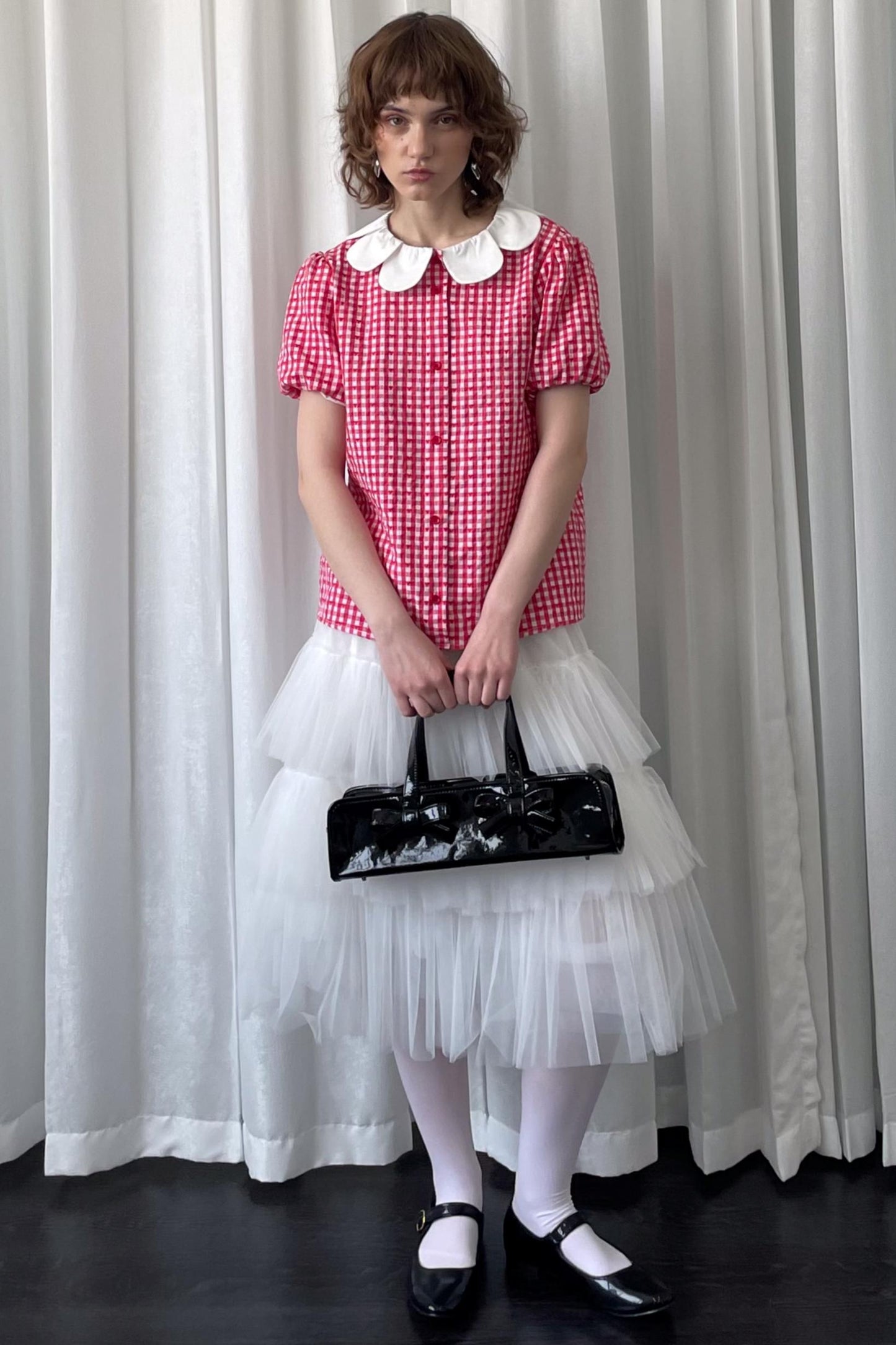 Red Plaid Lantern Sleeve Shirt