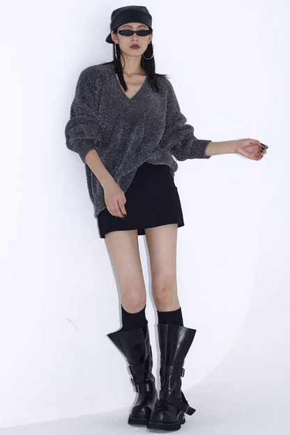Silberner Faden V-Ausschnitt Strickpullover