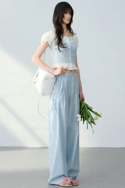 Blue Plaid Off-Shoulder Top Set-Up