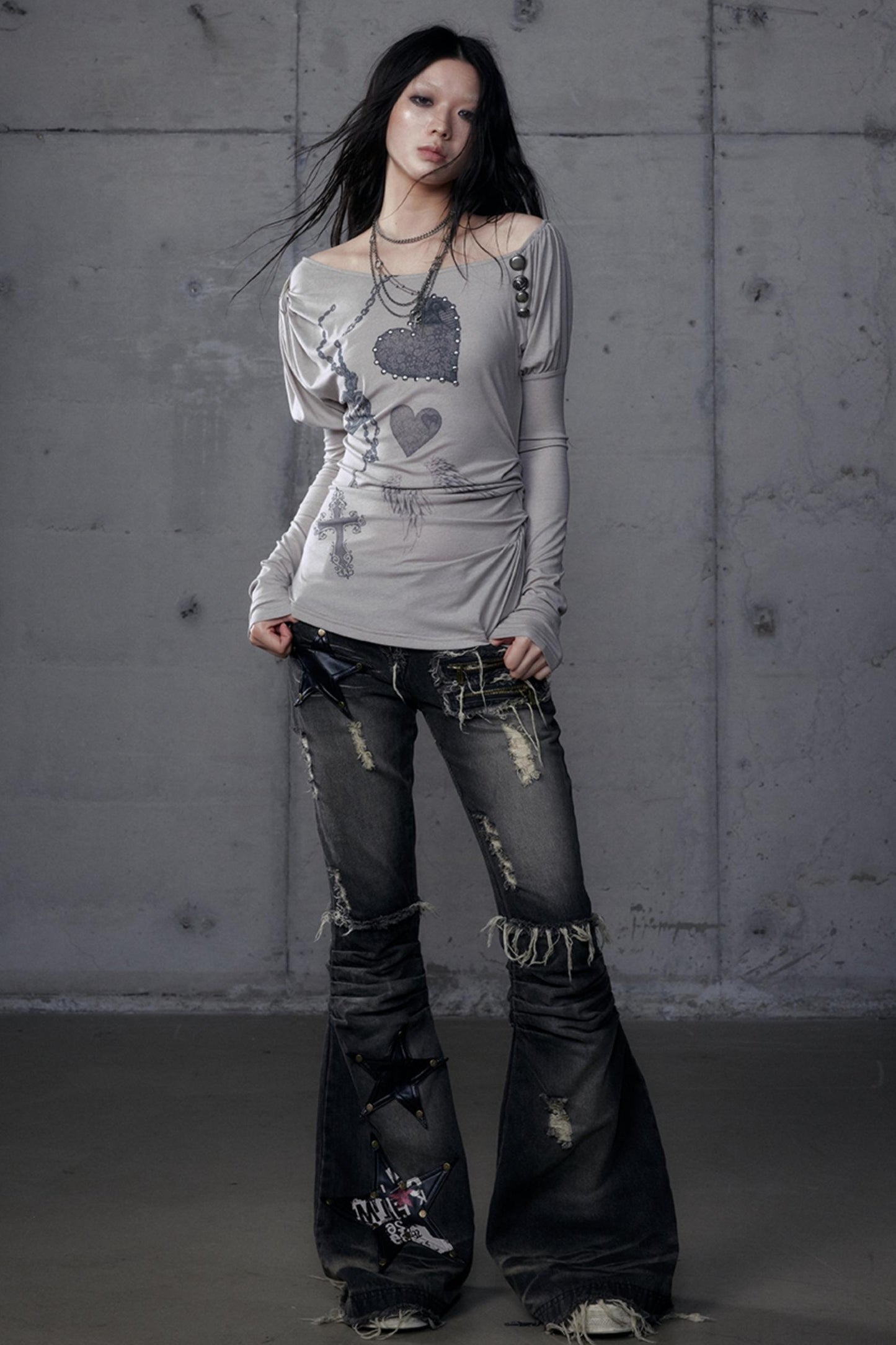 Puff Sleeve Punk Print Shirt