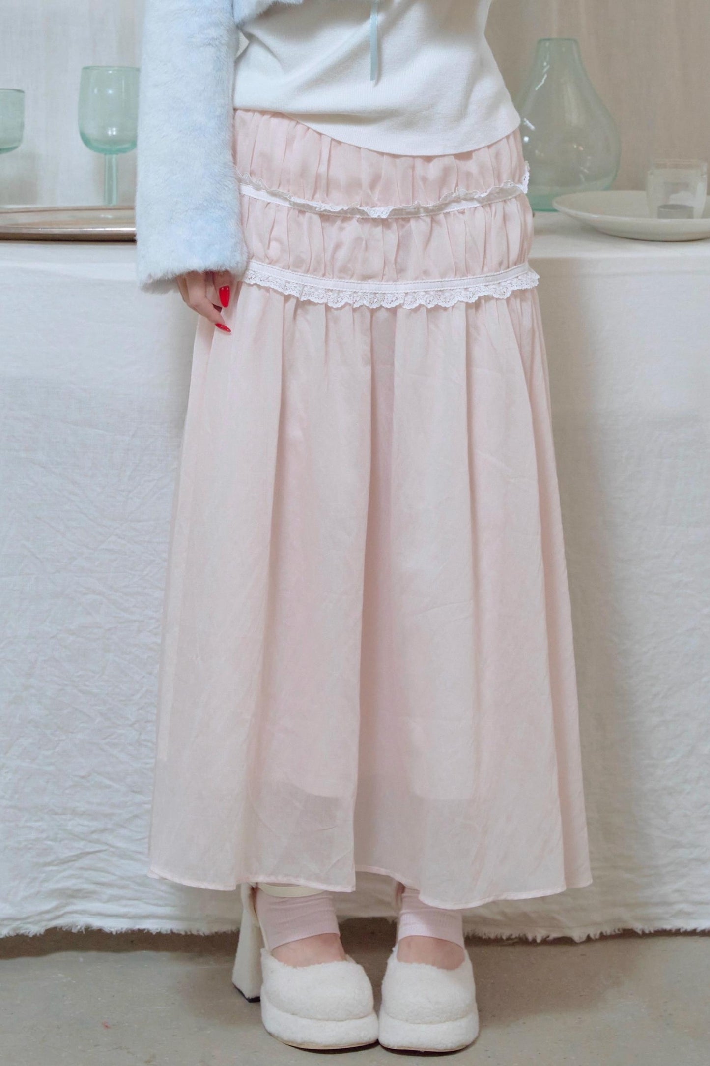 Lace Pleated Panel Pink Long Skirt