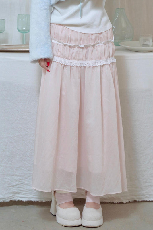 Lace Pleated Panel Pink Long Skirt