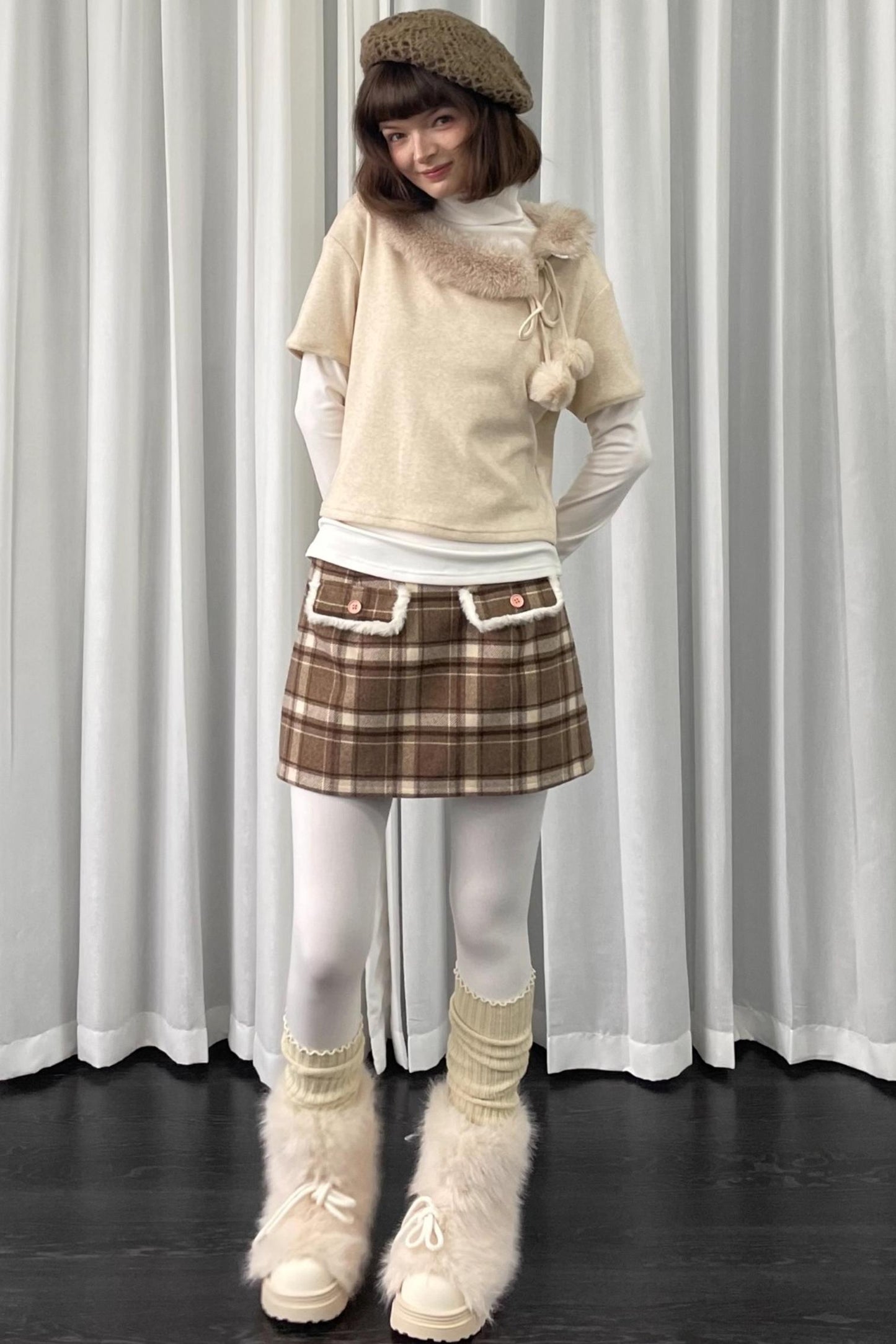 Beige Fur Collar Layered Top